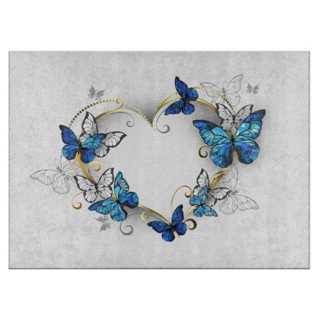 Tabla De Cortar Corazón de joyas con mariposas Morfo (Anverso)
