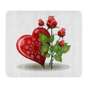 TABLA DE CORTAR CORAZÓN ROJO DE SAN VALENTÍN Y ROSAS ROJAS