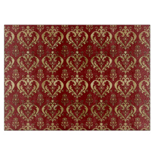 Tabla De Cortar Corazones rojos y dorados elegantes Damask de San