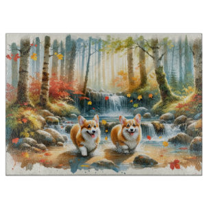 Tabla De Cortar Corgi Perro En Una Corriente De Bosque Con Colores