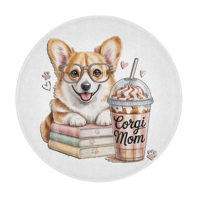 Tabla De Cortar Corgis Libros y Café Helado para Perro (Anverso)
