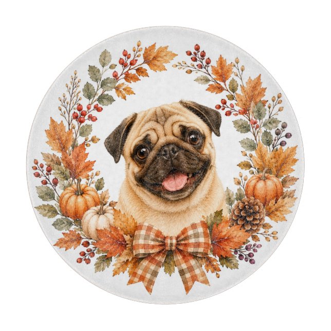 Tabla De Cortar Corona de Otoño Pug (Anverso)
