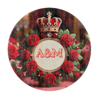 Tabla De Cortar 👑 Corona de Rosa Personalizada con Monograma de N