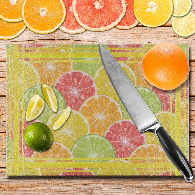 Tabla De Cortar Cortes y rayas de cítricos (Citrus Fruit Slices and Stripes Glass Cutting Board)