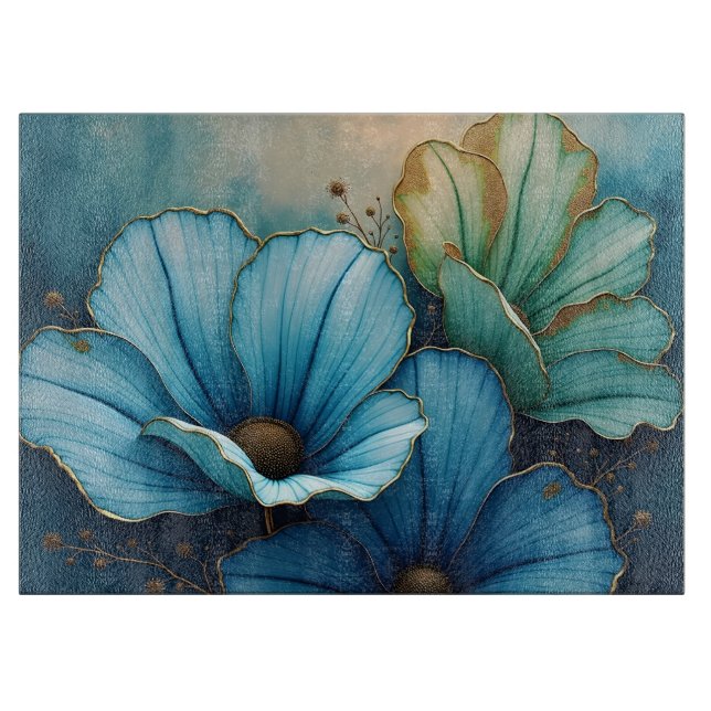 Tabla De Cortar Cosmos floral azul verde (Anverso)