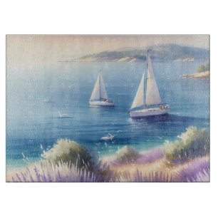 Tabla De Cortar Costa mediterránea de Lavanda con veleros