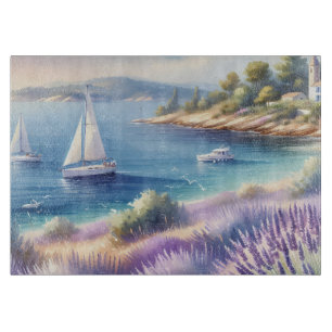 Tabla De Cortar Costa mediterránea de Lavanda con veleros