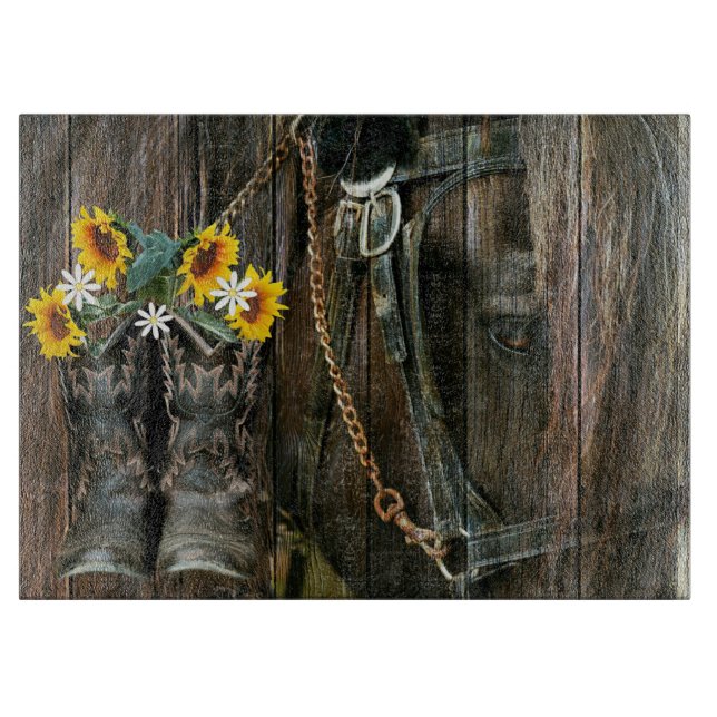 Tabla De Cortar Cowboy Caballo Boots Girasoles Rústica Junta de Pa (Anverso)