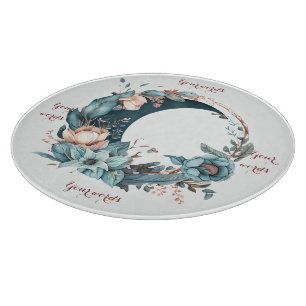 Tabla De Cortar Crea tu propia Luna Floral Verde azulada y de Peac