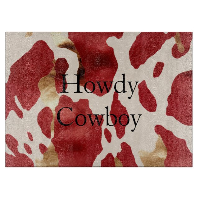 Tabla De Cortar Cream Red Gold Western Piel de vaca Howdy (Anverso)