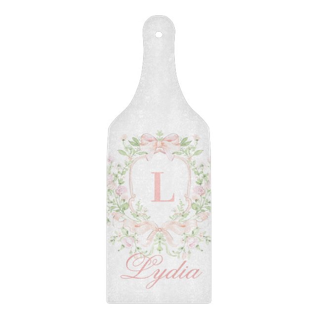 Tabla De Cortar Crest Dulce con Lazos Rosados | Monograma  (Anverso)