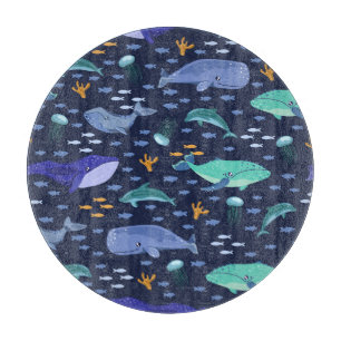 Tabla De Cortar Criaturas marinas: ballenas, patrón de medusas.