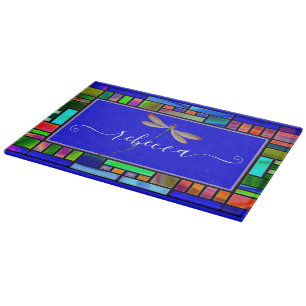 Tabla De Cortar Cristal manchado y libélula personalizada
