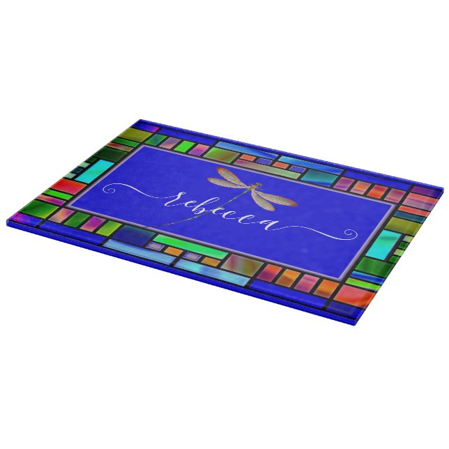 Tabla De Cortar Cristal manchado y libélula personalizada (Borde)