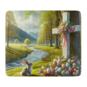 Tabla De Cortar Cruz de Pascua con conejo y huevos