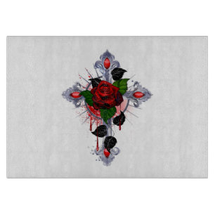 Tabla De Cortar Cruz de Plata con una Rosa Roja