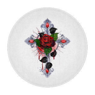 Tabla De Cortar Cruz de Plata con una Rosa Roja
