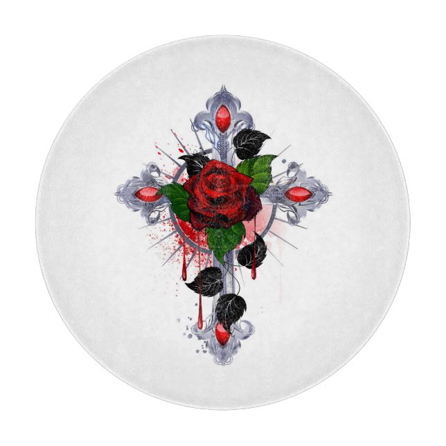 Tabla De Cortar Cruz de Plata con una Rosa Roja (Anverso)