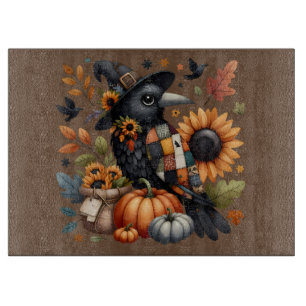 Tabla De Cortar Cuervo Caprichoso con Calabazas y Girasoles