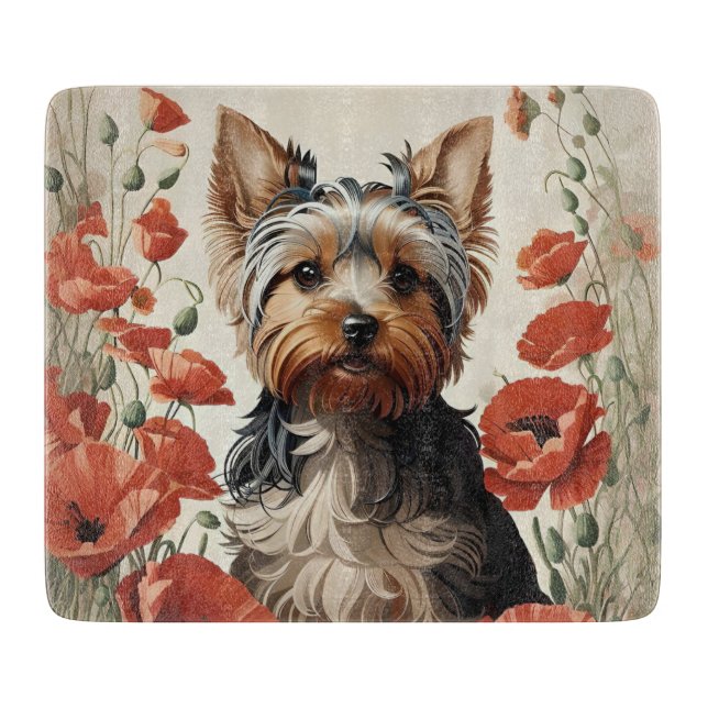 Tabla De Cortar Cute Yorkshire Terrier Botaner Red Poppies (Anverso)