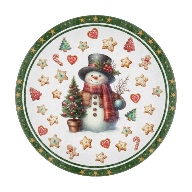 Tabla De Cortar Cutting Board Round Snowman and Christmas Cookies (Anverso)