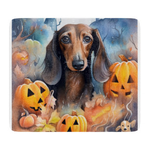Tabla De Cortar Dachshund Halloween con calabazas espeluznante