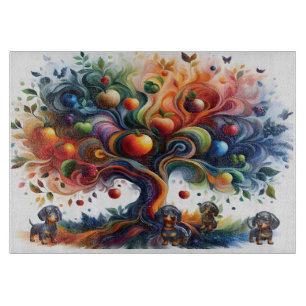 Tabla De Cortar Dachshunds bajo el árbol de frutas