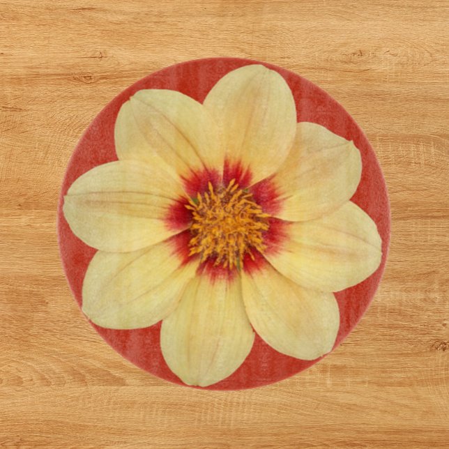 Tabla De Cortar Dahlia amarilla en flor roja (In Situ)
