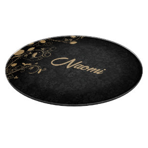 Tabla De Cortar Damasco floral de color negro y dorado