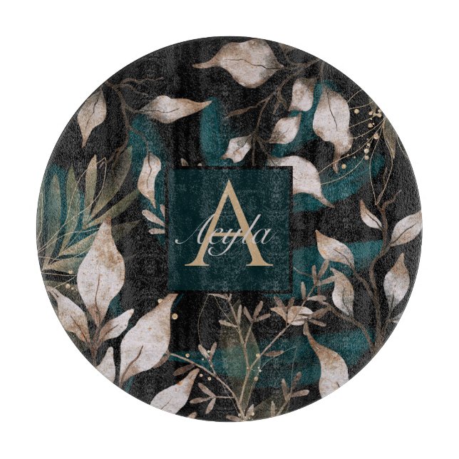 Tabla De Cortar Dark Modern Boho Botanicos Leaves Monograma (Anverso)