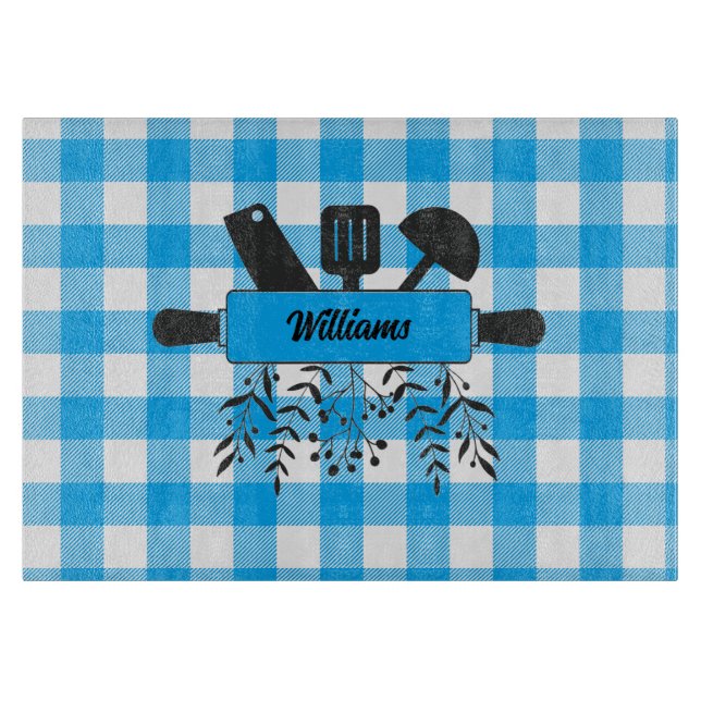 Tabla de cortar de vidrio Blue Gingham Gourmet (Anverso)