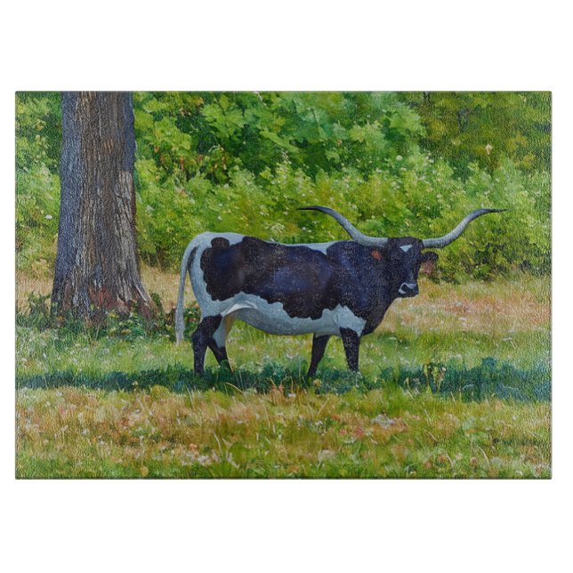 Tabla de cortar de vidrio con arte de vaca Texas L (Anverso)