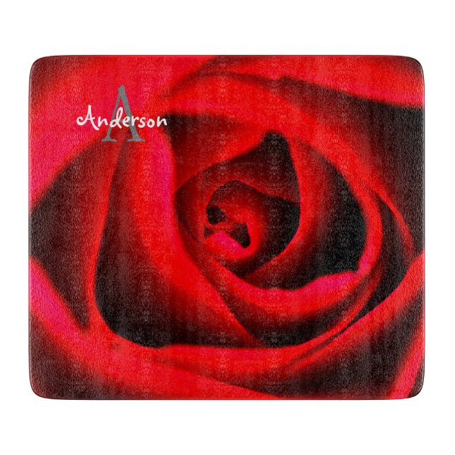 Tabla de cortar de vidrio con flor de rosa roja (Anverso)