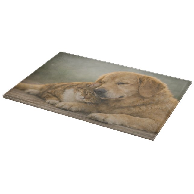 Tabla de cortar de vidrio con perro y gato descans (Borde)