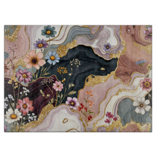 Tabla de cortar de vidrio de arte de geoda floral