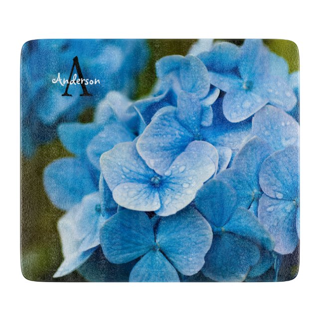 Tabla de cortar de vidrio Hydrangea Azul (Anverso)
