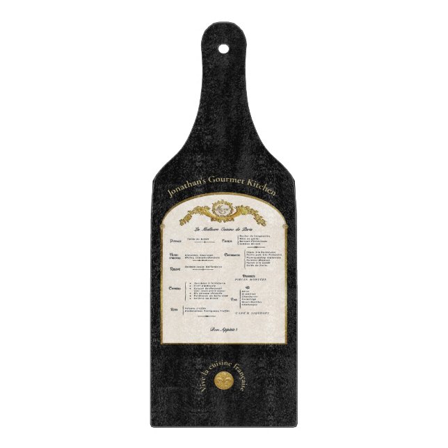 Tabla de cortar de vidrio negro con menú francés (Anverso)