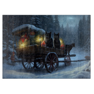 Tabla De Cortar Decoración de Navidad Paseo en Trineo de Gato Negr