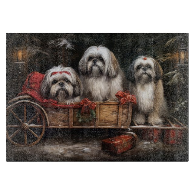 Tabla De Cortar Decoración de Navidades Lhasa Apso Snowy Sleigh (Anverso)