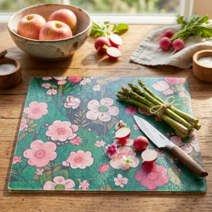 Tabla De Cortar Decorativo de Vidrio Floral Rosa Caprichoso