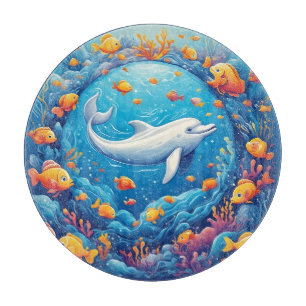 Tabla De Cortar Delfín rodeado de peces tropicales vibrantes