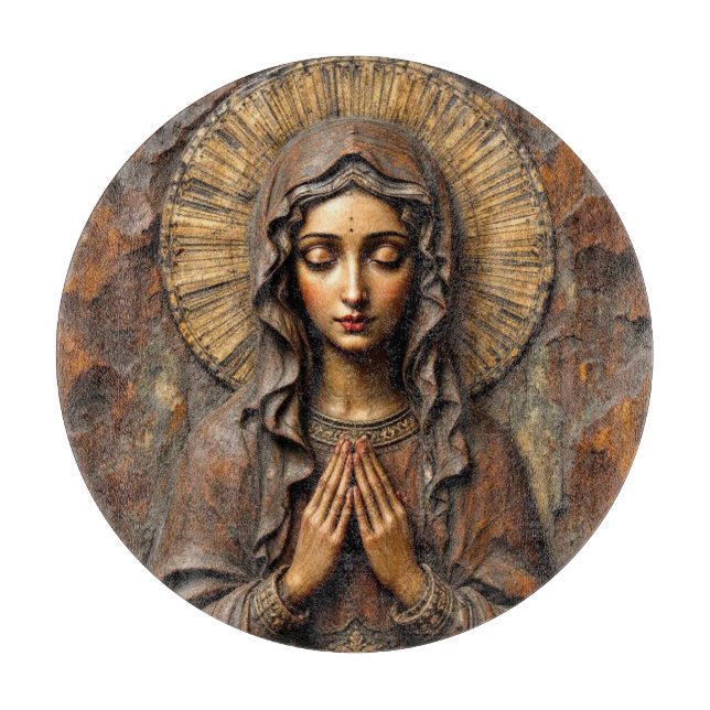 Tabla De Cortar Devoción Tallada María de Madera (Anverso)