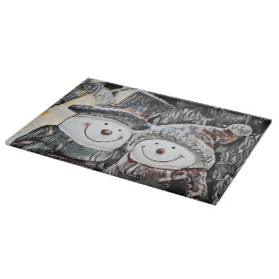 Tabla De Cortar Dibujo de invierno, Navidades Snowman y mujer Niev
