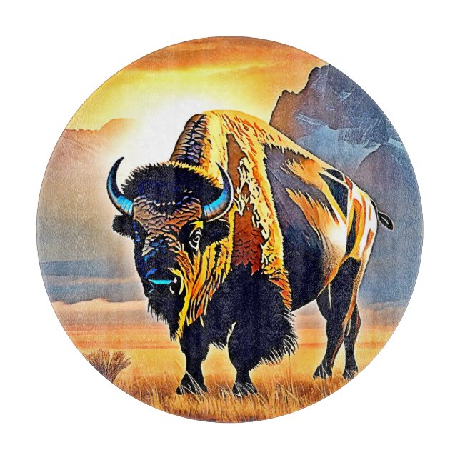 Tabla De Cortar Diseño artístico de Sunset Mountain Bison (Anverso)
