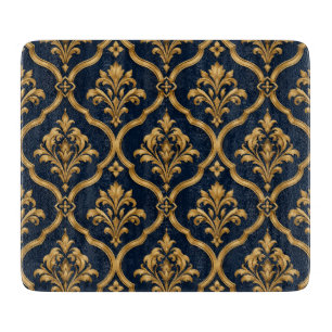 Tabla De Cortar Diseño de Motivo Vintage de Damasco Dorado y Azul 
