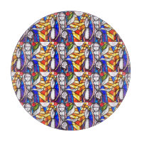 Diseño de vidrio manchado con figura religiosa.