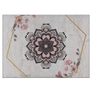 Tabla De Cortar Diseño Rangoli Floral Art, rosa y gris Mandala