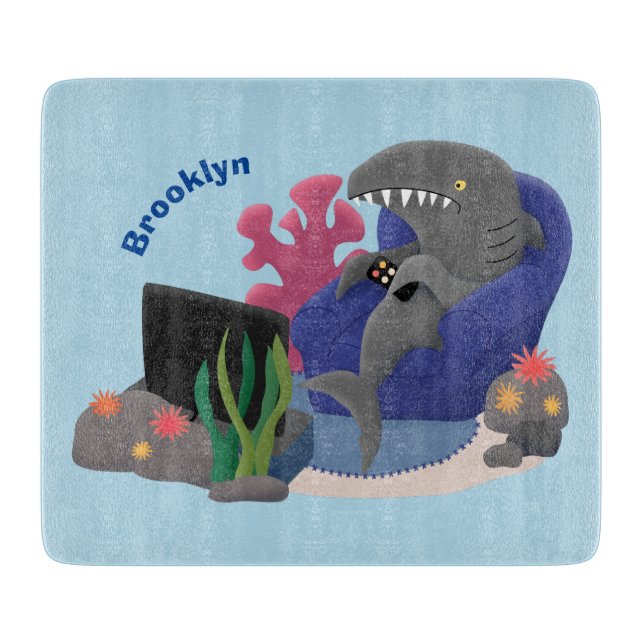 Tabla De Cortar Divertido tiburón viendo al personalizado de telev (Anverso)