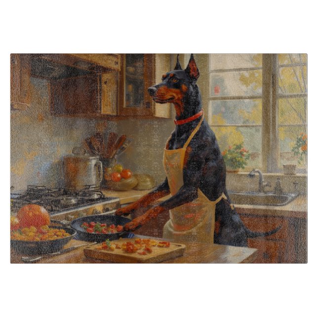 Tabla De Cortar Doberman cocinando en la cocina (Anverso)