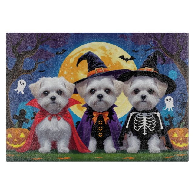 Tabla De Cortar Dogs malteses Calabaza Halloween Divertido (Anverso)